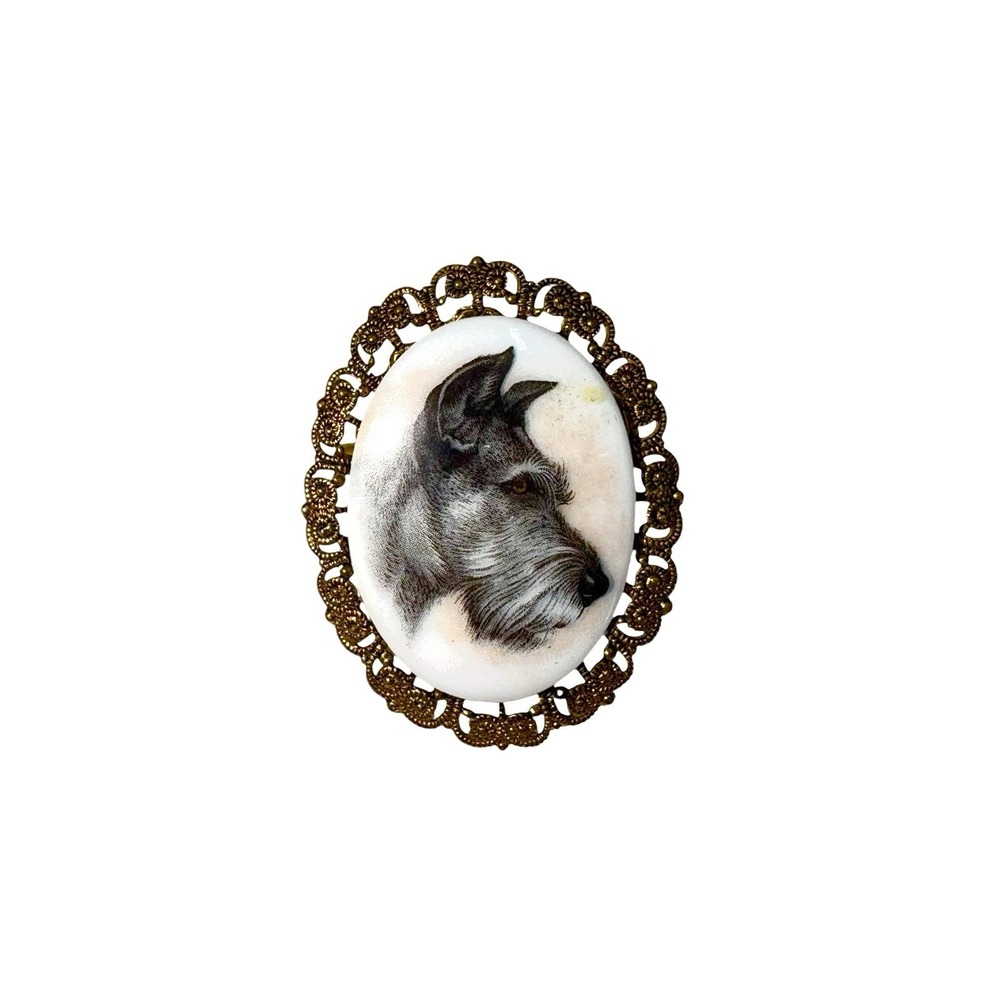 Vintage Western Germany Gold Tone Ornate Frame Cameo Schnauzer Dog Brooch Pin